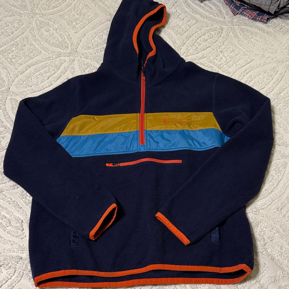 cotopaxi Navy Hooded Fleece with Mustard & Sky Blue Panels